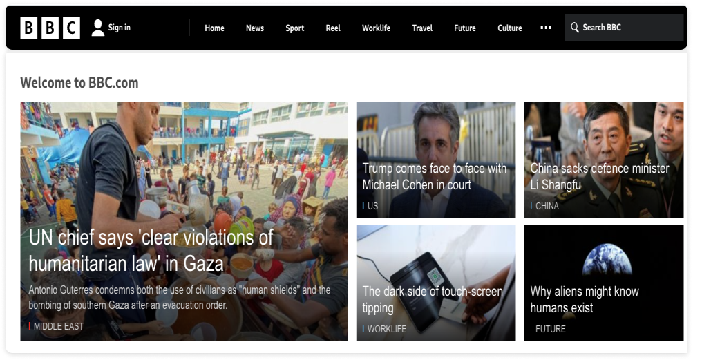 BBC 뉴스 온라인 홈페이지 화면으로, 최근 뉴스가 이미지와 글로 소개된 이미지 