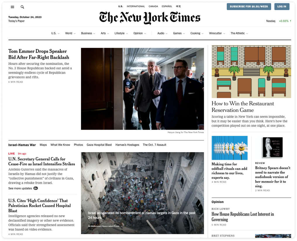 뉴욕타임즈 온라인 홈페이지 화면으로, 최근 뉴스가 이미지와 글로 소개된 이미지 